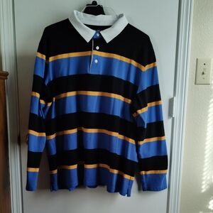 Men's Striped Blue, Black, and Yellow Button Down Shirt